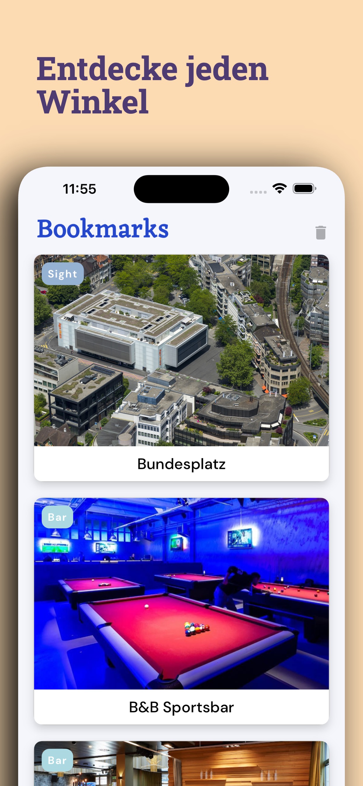 CityBot app bookmarks screen with saved places such as Bundesplatz in Zug