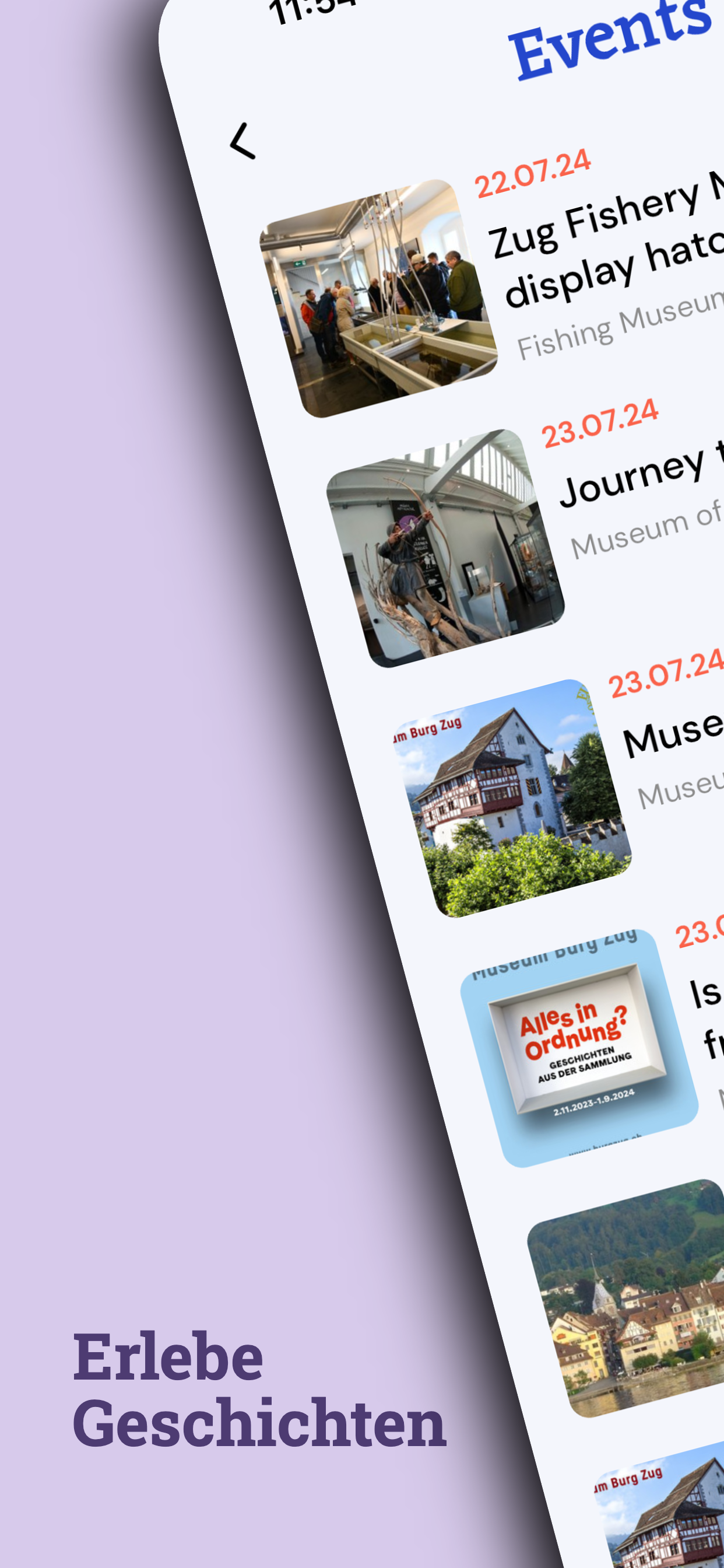 CityBot app list of local events with museum exhibitions in Zug