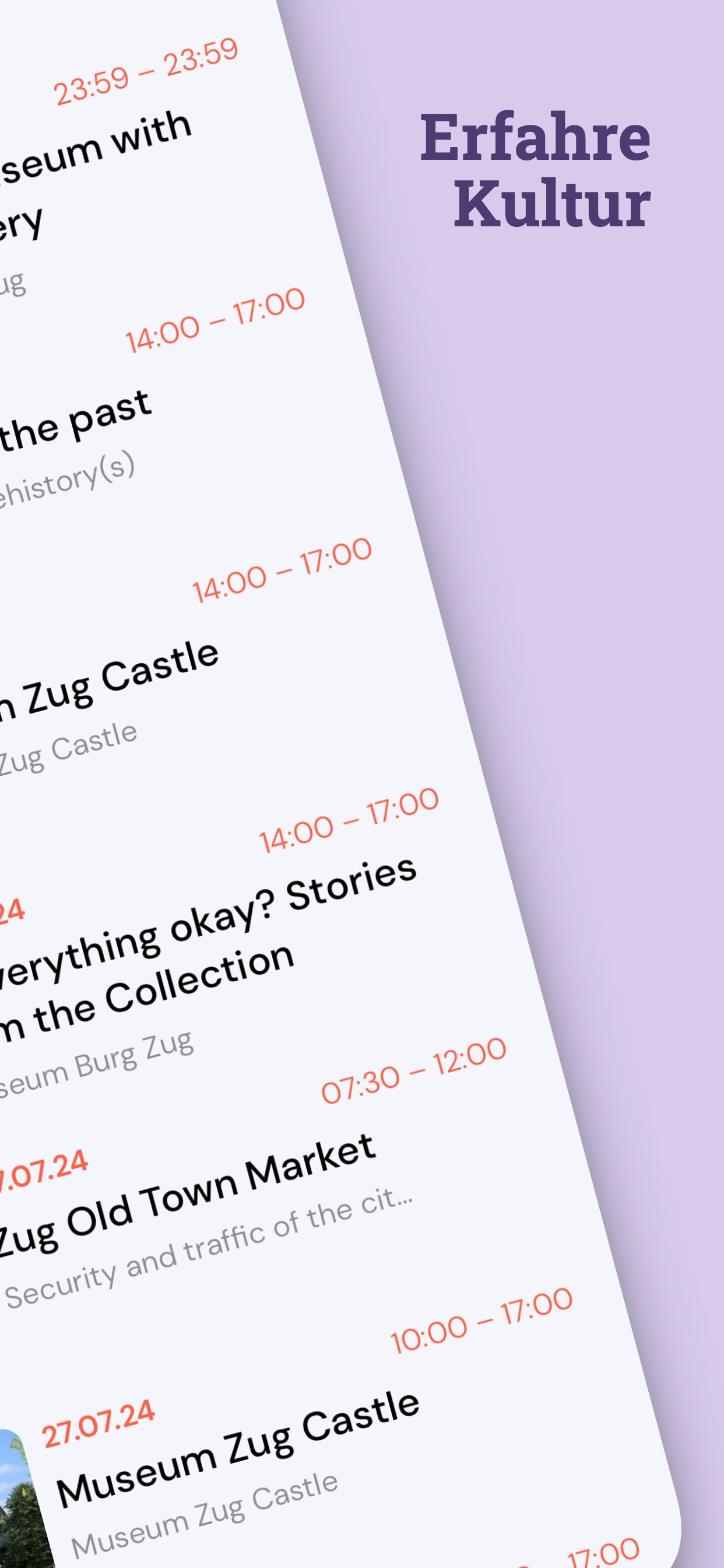 CityBot app event schedule with dates and opening hours for Zug Castle and museums