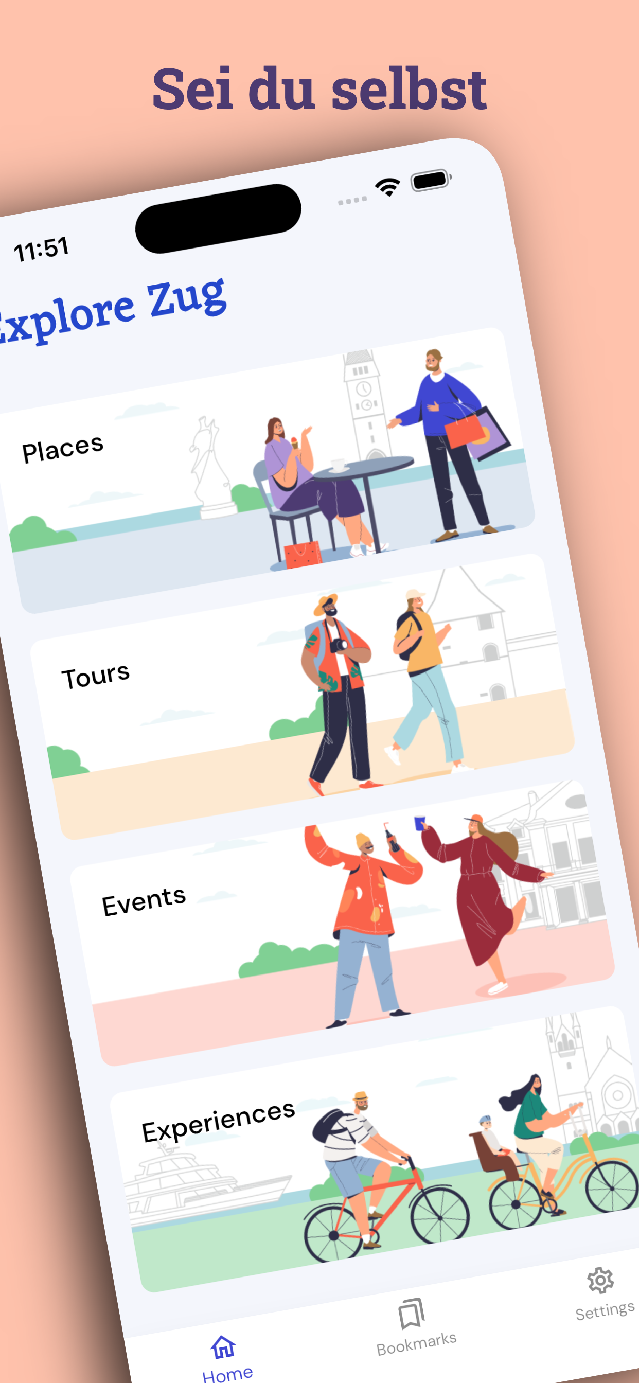 CityBot app home screen for exploring Zug with Places, Tours, Events and Experiences categories