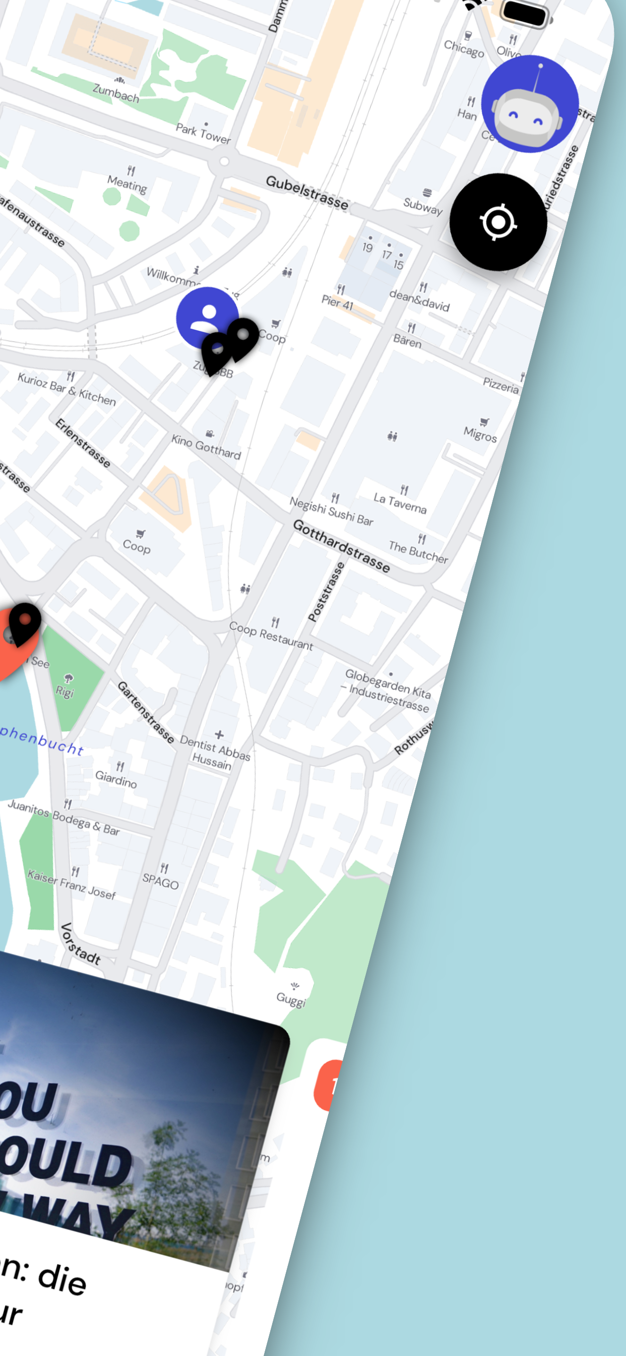 CityBot app interactive map of Zug with points of interest and the AI assistant button