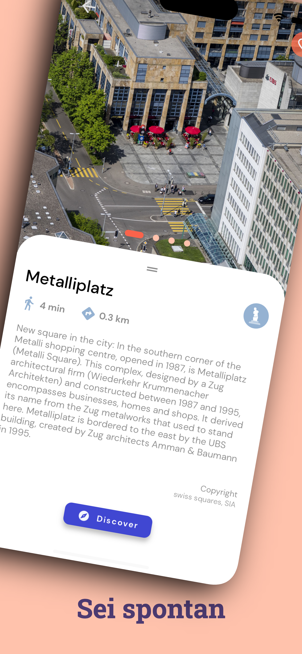 CityBot app place detail page for Metalliplatz with walking time, distance and local story