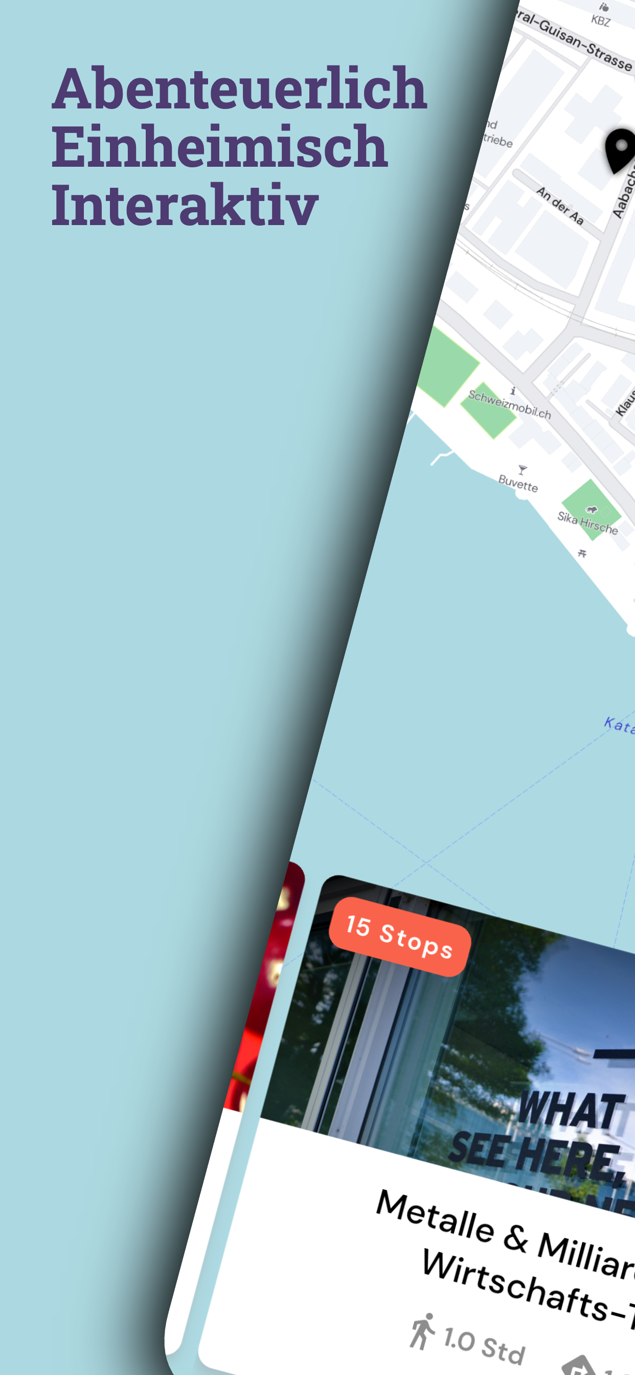 CityBot app themed tour teaser: the Metalle & Milliarden economy tour of Zug with 15 stops