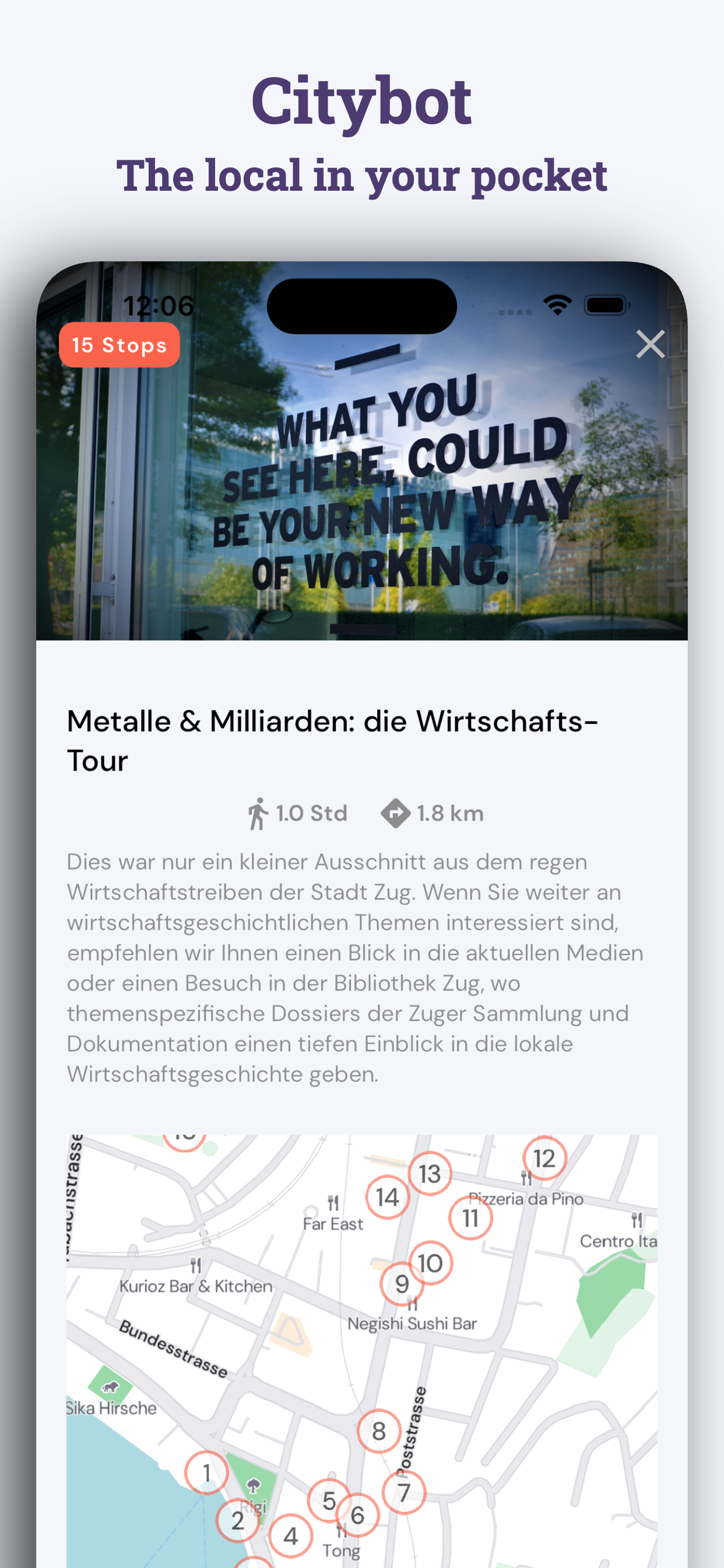 CityBot app tour detail page with description and numbered stops on a map of Zug