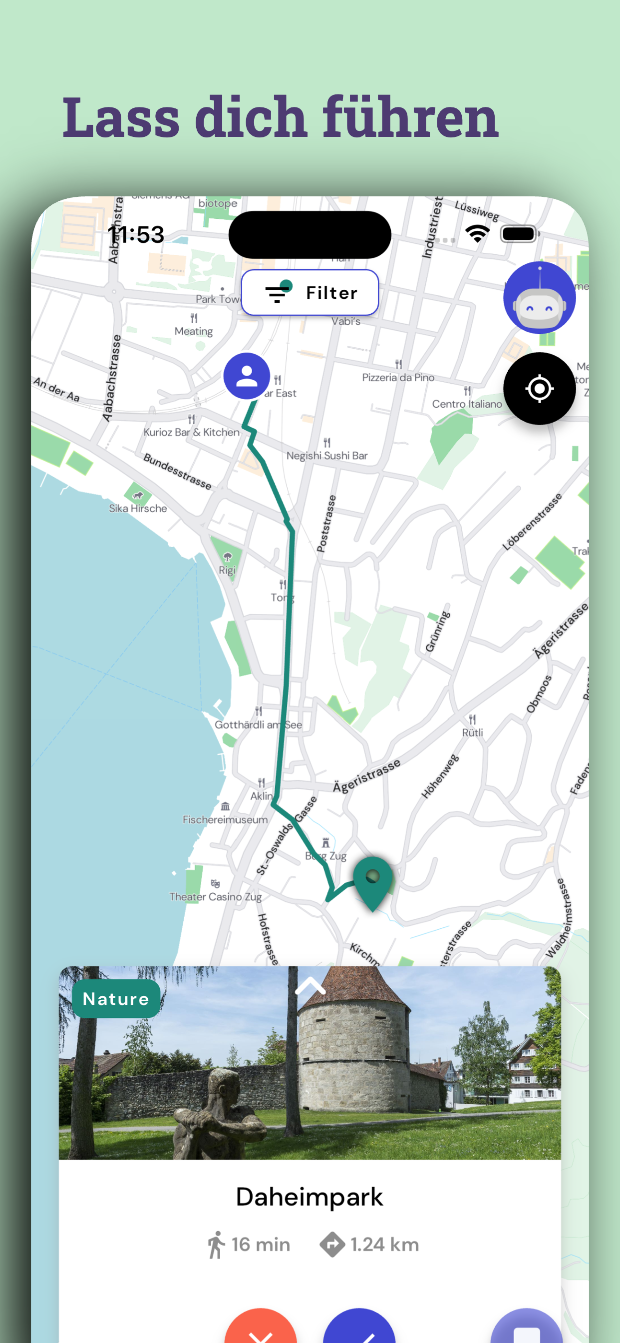 CityBot app guided tour navigation showing a walking route to Daheimpark in Zug